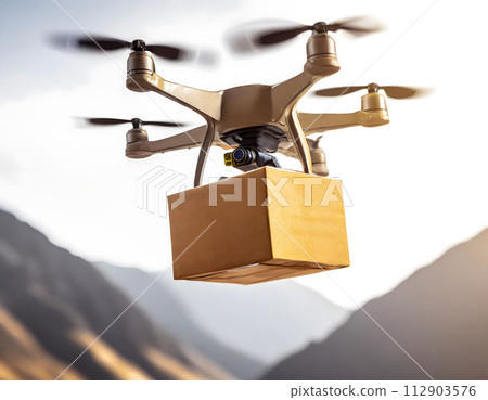 Drone flies and carries a cardboard box. Transportation of cargo ships of the future. City parcel delivery. Drone flies and carries a cardboard box. Transportation of cargo ships of the future. City parcel delivery. 112903576