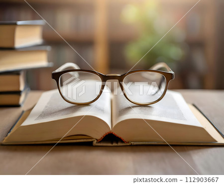 Book and reading glasses composition. Classic concept of writers, education, recreation. Book and reading glasses composition. Classic concept of writers, education, recreation. 112903667