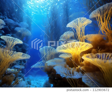 Undersea world. Landscape underwater in the sea or ocean. Marine nature background. 112903672