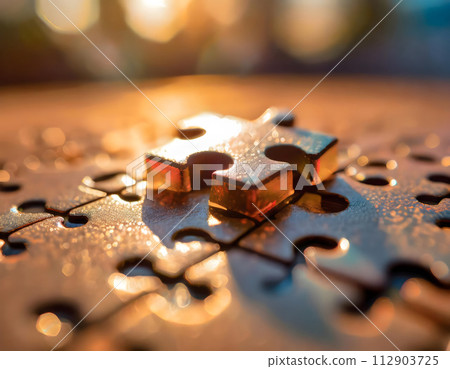 Close Up of Puzzle Piece on Table. Generative AI Close Up of Puzzle Piece on Table. Generative AI 112903725