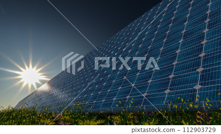 Solar panel background. Sun Above the Solar Farm. 3d rendering Solar panel background. Sun Above the Solar Farm. 3d rendering 112903729