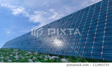 Solar panel background. Sun Above the Solar Farm. 3d rendering 112903733