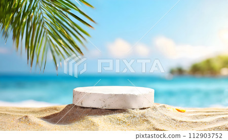 White Round Object on Sandy Beach. Generative AI 112903752