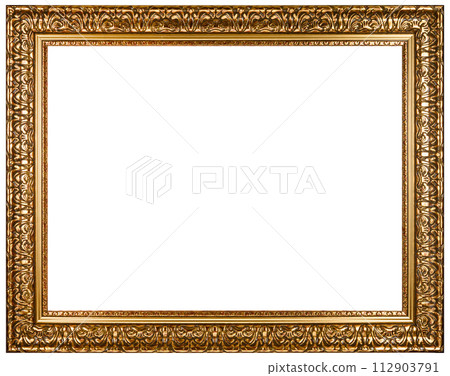 Antique Gold Brown Classic Old Vintage Wooden Rectangle mockup canvas frame isolated on white. Blank and diverse subject molding baguette. Design element. use for paint, mirror or photo 112903791
