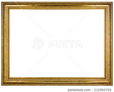 Antique Gold Brown Classic Old Vintage Wooden Rectangle mockup canvas frame isolated on white. Blank and diverse subject molding baguette. Design element. use for paint, mirror or photo 112903793