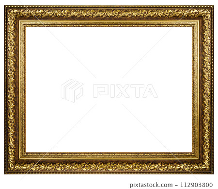 Antique Gold Brown Classic Old Vintage Wooden Rectangle mockup canvas frame isolated on white. Blank and diverse subject molding baguette. Design element. use for paint, mirror or photo 112903800