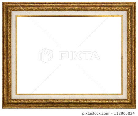 Antique Gold Brown Classic Old Vintage Wooden Rectangle mockup canvas frame isolated on white. Blank and diverse subject molding baguette. Design element. use for paint, mirror or photo 112903824