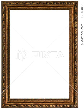 Antique Gold Brown Classic Old Vintage Wooden Rectangle mockup canvas frame isolated on white. Blank and diverse subject molding baguette. Design element. use for paint, mirror or photo 112903836