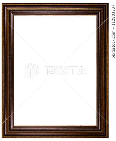 Antique Gold Brown Classic Old Vintage Wooden Rectangle mockup canvas frame isolated on white. Blank and diverse subject molding baguette. Design element. use for paint, mirror or photo 112903837
