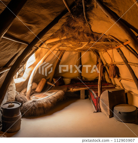 Room with a bed - a simple and straightforward setting featuring a bed as focal point. Room looks cozy and inviting. Interior of an ancient American Indian wigwam dwelling 112903907