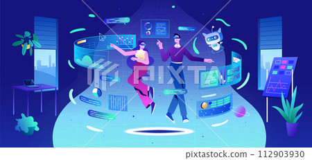 Flat people in VR goggles and ai robot in metaverse working with business data Flat people in VR goggles and ai robot in metaverse working with business data 112903930
