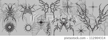 Neo tribal gothic tattoo set, vector retro futuristic cyber symmetry shapes, dark y2k wings, bones.  112904314