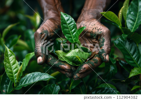 Close-up of hands picking tea leaves 112904382