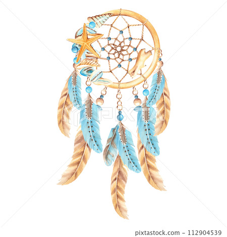 Dream catcher with sea shells and stones and wooden stocks, beads and blue and beige feathers. Watercolor hand drawn illustration on a white background. Bohemian decoration, chic design. American 112904539