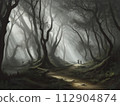 Gloomy foggy forest 112904874