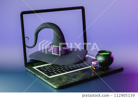 3d rendering of open laptop with black Halloween witch hat cauldron LED Light 112905139