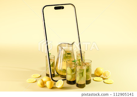 3d rendering of mockup smartphone with glasses of refreshing citrus juice and slices 3d rendering of mockup smartphone with glasses of refreshing citrus juice and slices 112905141