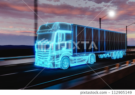 Futuristic truck riding on road with railings. 3d render 112905149