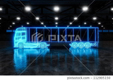 3D illustration of glowing blue commercial land vehicle in illuminated garage 112905150