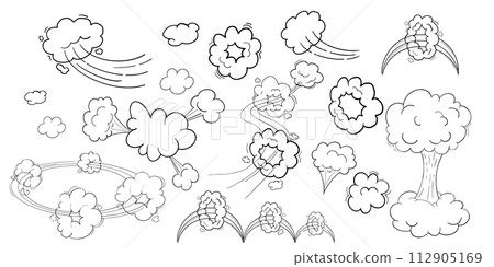 Comic motion effect, clouds speed way, trail set fast wind swirl, puff poof elements isolated on white background. Blow explosion 112905169