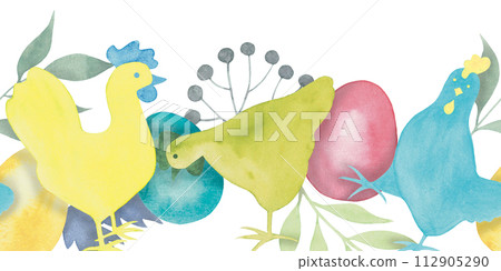 Watercolor easter seamless border with chicken, eggs and abstract herbs green blue yellow and pink colors. Hand drawn illustration isolated on white for easter design banner, card, invitation Watercolor easter seamless border with chicken, eggs and abstract herbs green blue yellow and pink colors. Hand drawn illustration isolated on white for easter design banner, card, invitation 112905290