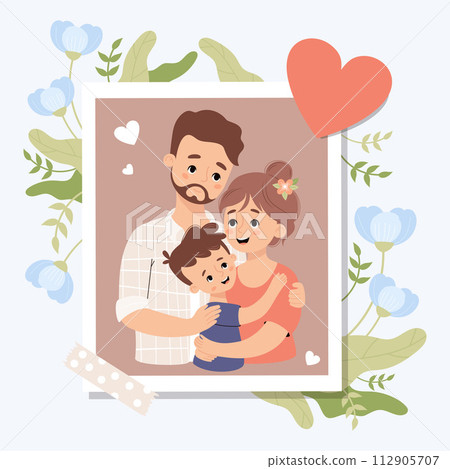 Happy family card. Photo portrait of bearded man hugging his beautiful brunette wife and son. Holiday photo frame with soft blue flowers and heart. Vector illustration Happy family card. Photo portrait of bearded man hugging his beautiful brunette wife and son. Holiday photo frame with soft blue flowers and heart. Vector illustration 112905707