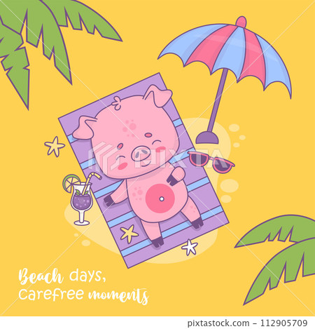 Happy beach piggy sunbathes and rests under sun umbrella and palm leaves. Cute relaxing animal character on yellow background. Vector illustration. Summer square card with funny slogan. Happy beach piggy sunbathes and rests under sun umbrella and palm leaves. Cute relaxing animal character on yellow background. Vector illustration. Summer square card with funny slogan. 112905709