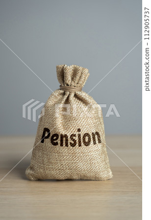 Bag with the word Pension. Ensure financial security during a persons golden years. Employee benefits package. Consider all retirement savings options to ensure a secure financial future. 112905737