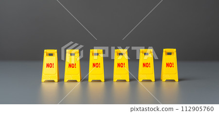 Many of signs screaming NO. An urgent prohibition to go further. Blocked path. Prohibitions and restrictions. 112905760