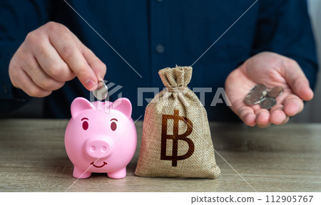 Putting thai baht coins in a piggy bank. Accumulation of money. Banks and finance. Savings management. Investments, fundraising. Savings and accumulation of funds from cutting expenses. 112905767