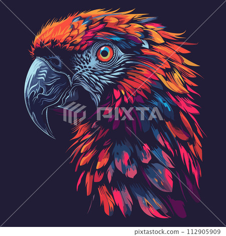 Colorful parrot portrait isolated on dark background. Vector illustration 112905909