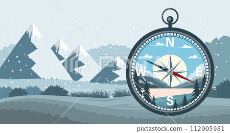 Illustration of a compass against a landscape background. Compass icon with landscape nature. Vector 112905981