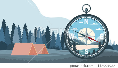 Illustration of a compass against a landscape background. Compass icon with landscape nature. Vector 112905982