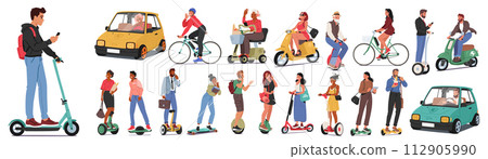 Characters Utilize Electrical Transport For Efficient, Eco-friendly Commuting. Electric Vehicles Reduce Carbon Emissions Characters Utilize Electrical Transport For Efficient, Eco-friendly Commuting. Electric Vehicles Reduce Carbon Emissions 112905990