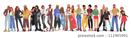 Different Subculture People. Hipster, Punk, Hippie, Goth and Emo, Dandy Skinhead, Biker, Rastaman Reggae with Hip Hopper 112905991