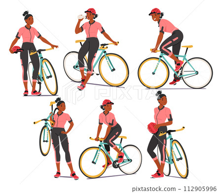 Set Of Bicyclist Woman Activities Energetic Cyclist Female Character Pedals Her Bike, Holding Bicycle In Hand 112905996