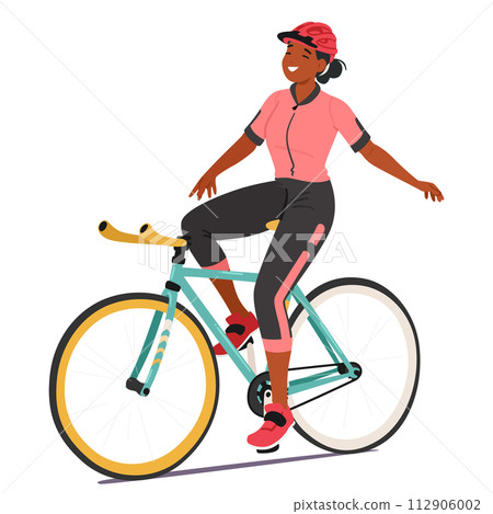 Sportswoman Cyclist Gracefully Rides, Arms Outstretched, Embodying Triumph And Freedom, Vector Illustration 112906002