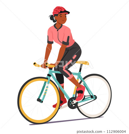 Joyful Sportswoman Cyclist Character Pedals With A Beaming Smile, Embodying Pure Passion And Exhilaration 112906004