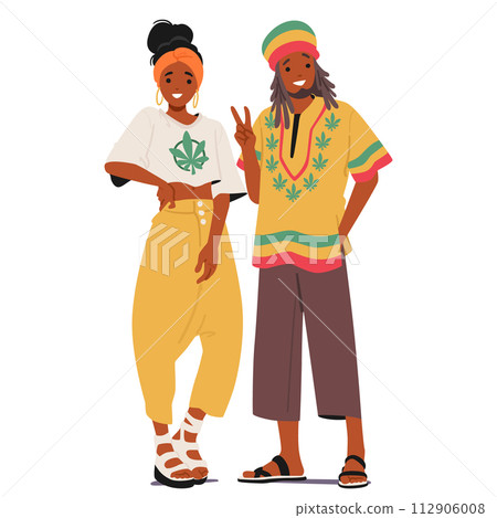 Reggae Rasta Subculture Couple Embodies Vibrant Dreadlocks, Adorned In Green, Yellow, And Red, Radiating Peace, Love 112906008