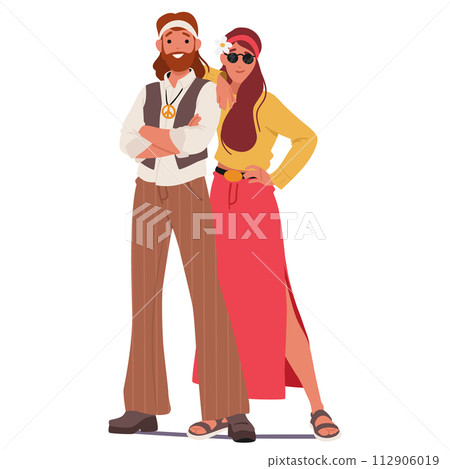 Free-spirited Hippie Subculture Couple Embraces Peace, Love, And Harmony. Their Attire Features Flowing Fabrics 112906019