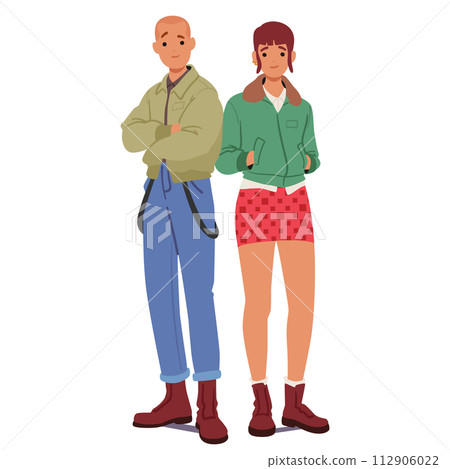 Skinhead Subculture Couple Embrace Distinctive Style, Featuring Shaved Heads Or Short Hair, Boots And Jeans 112906022