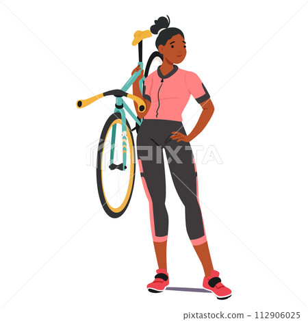 Sportswoman Cyclist Female Character, Clad In Professional Pink Uniform, Confidently Hoist her Bike, Displaying Strength 112906025