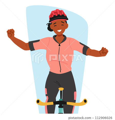 Triumphant Cyclist Female Character Exuberantly Raised A Victorious Fists, Beaming With A Radiant Smile, Embodying Joy Triumphant Cyclist Female Character Exuberantly Raised A Victorious Fists, Beaming With A Radiant Smile, Embodying Joy 112906026