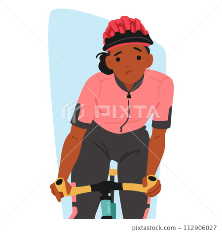 Athlete Female Character Racing. Sportswoman Cyclist, Brows Up And Lips Downturned, Pedals Fiercely, Vector Illustration 112906027