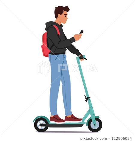 Teenager Joyfully Zips Through The City On Electric Scooter, Effortlessly Navigating Streets While Using Smartphone 112906034