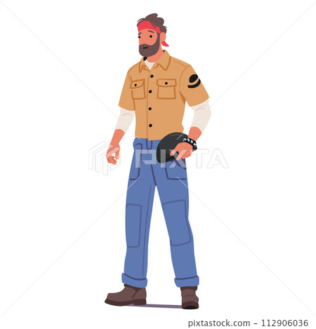Biker Man Subculture, Rebellious And Free-spirited Bearded Male Character with Helmet In Hand, Embraces Open Road Biker Man Subculture, Rebellious And Free-spirited Bearded Male Character with Helmet In Hand, Embraces Open Road 112906036