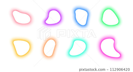 Set of blurry irregular shapes. Colorful organic blobs with neon gradient borders isolated on white background. Asymmetric bubbles, liquid blots, fluid splots, distorted forms. Vector illustration 112906420