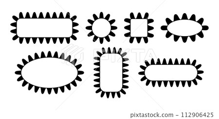 Set of scalloped round, square, rectangle and oval frames. Tags, labels, stickers or text boxes templates with scallop borders isolated on white background. Vector graphic illustration Set of scalloped round, square, rectangle and oval frames. Tags, labels, stickers or text boxes templates with scallop borders isolated on white background. Vector graphic illustration 112906425