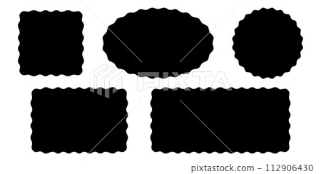 Set of square, rectangle, circle and oval shapes with wavy edges. Empty text boxes, tags, labels or stickers templates with undulate borders isolated on white background. Vector graphic illustration 112906430