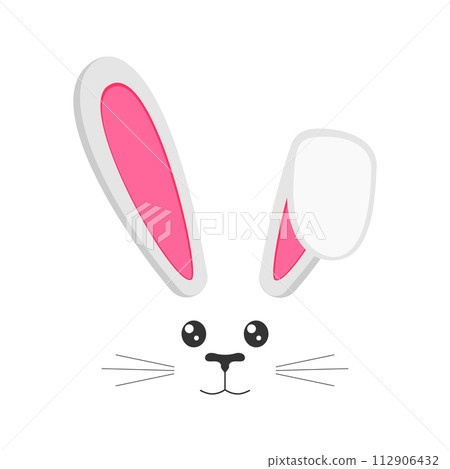 Cute bunny muzzle with ears, eyes, nose, mouth and whisker. Props for Easter party or photo shoot, design element for greeting or invitation card, celebration banner. Vector flat illustration Cute bunny muzzle with ears, eyes, nose, mouth and whisker. Props for Easter party or photo shoot, design element for greeting or invitation card, celebration banner. Vector flat illustration 112906432